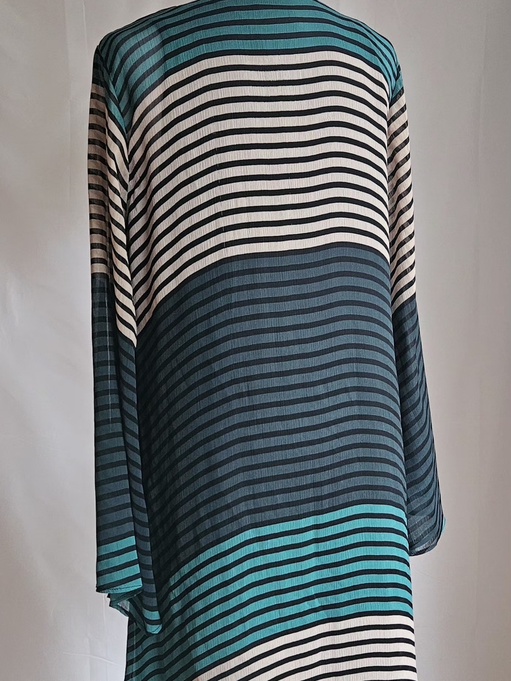 ECI New York Shift Dress Size 8 Striped V-Neck Bell Sleeve Sheer Overlay Teal - Picture 5 of 15